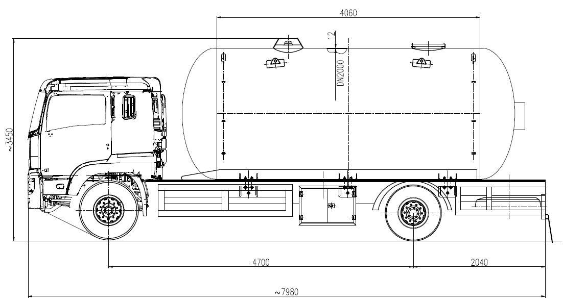 Dimension figure of 15cbm Do<em></em>ngfeng LPG delivery truck